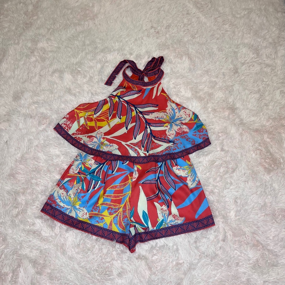 Flying Tomato Red Floral Halter Tie Neck Sleeveless Summer Romper